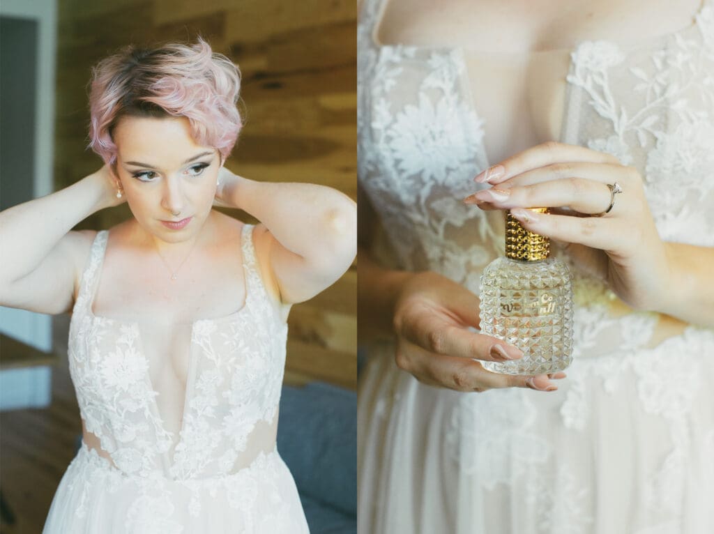 A bride puts on her necklace while wearing her wedding dress, as she gets ready in a cabin in Mammoth Lakes. 