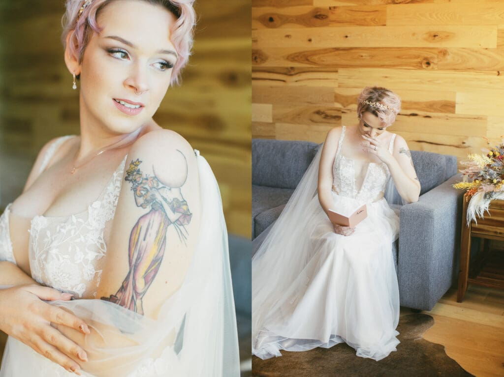 A bride tears up while reading her vows to herself the morning of her wedding day in Mammoth Lakes. 