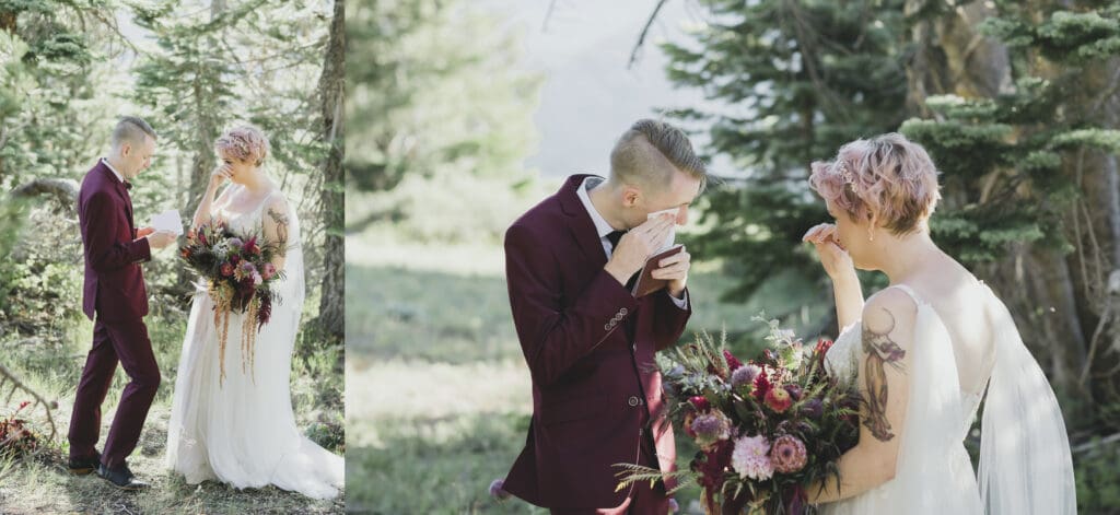 A bride and groom both wipe tears from their wyes while they exchange their vows on their Mammoth Lakes Wedding day. 