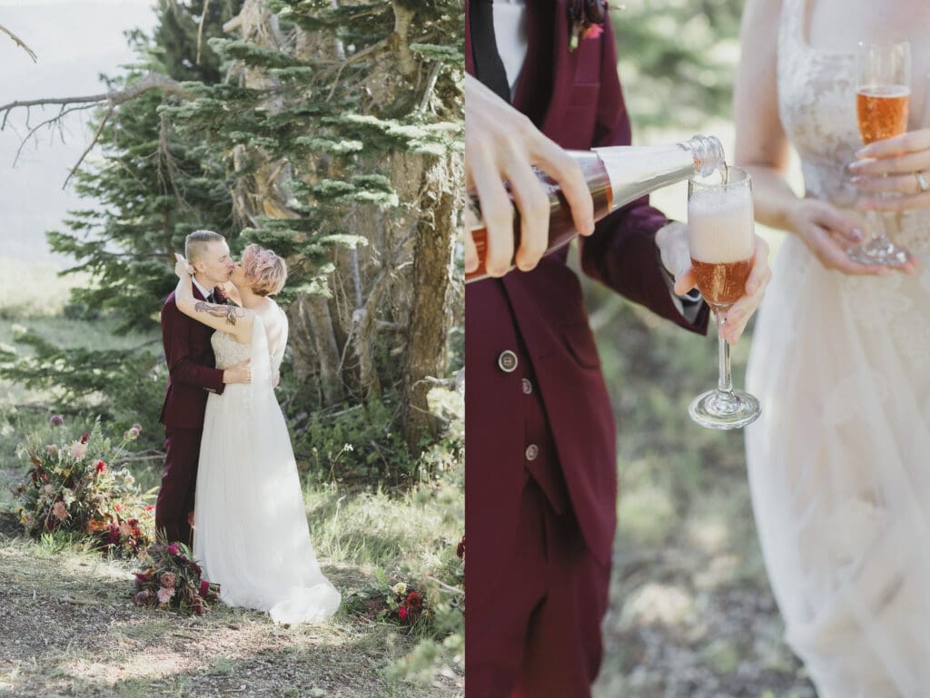 A bride and groom have their first kiss in front of pine trees after saying their vows. 