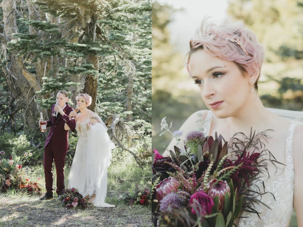 A bride and groom take their first sip of pink champagne after just exchanging vows in front of sunlight pine trees. 