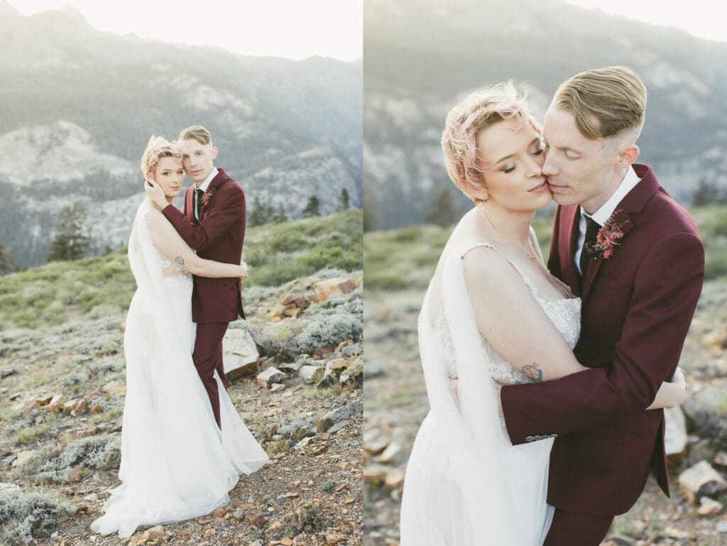 A bride and groom stand face to face and hold each other while in front of a beautiful mountain in Mammoth Lakes, California. 