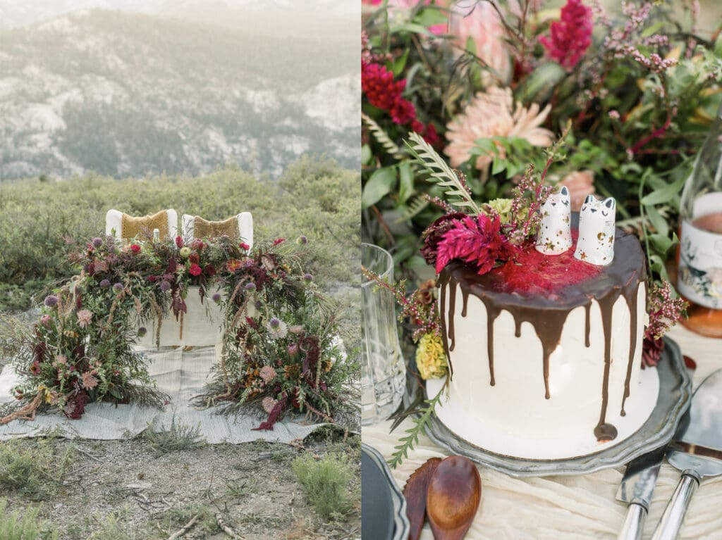 A beautifully decorated sweetheart table with a cascade of flowers on a mountain top at Mammoth Lakes, California. 
