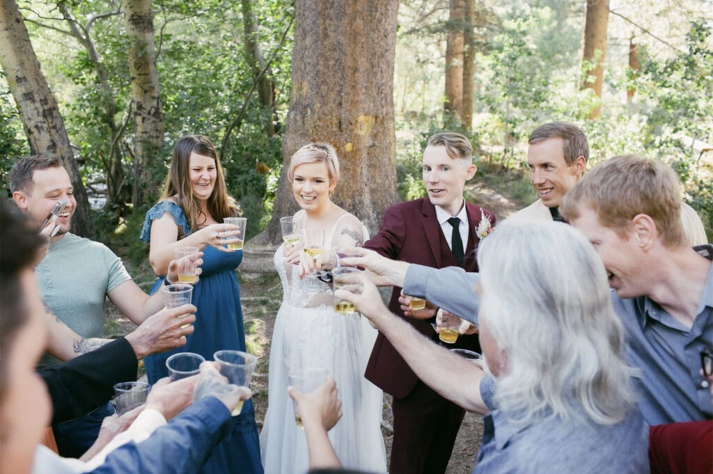 Friends and family toast a bride and groom while at an outdoor park at Mammoth Lakes, California. 