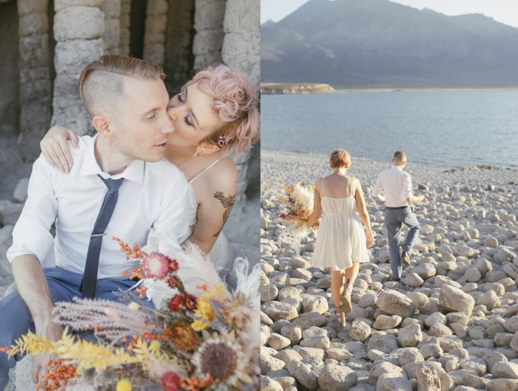 A bride and groom walk the rocky beach at Crowley Lake in the Eastern Sierras, California.
