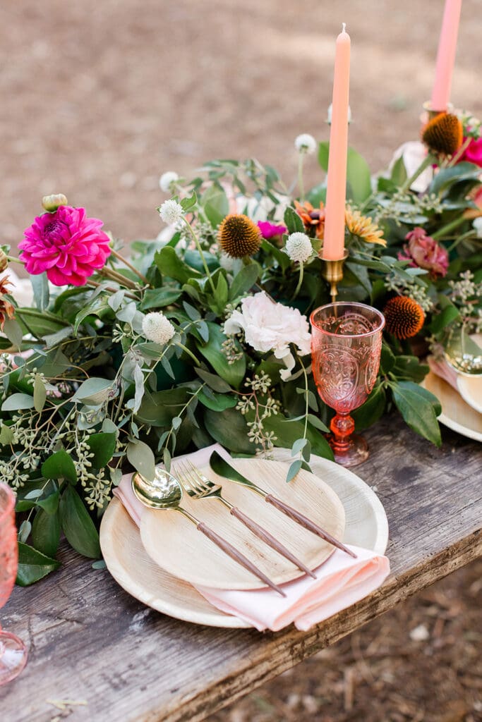 A place setting surrounded by florals at wedding brunch in Yosemite National Park