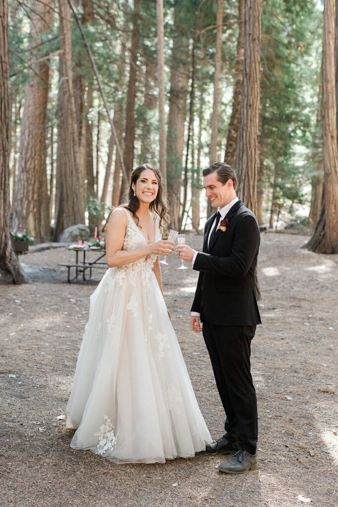 A bride and groom clink glasses at their Cathedral Beach brunch at Yosemite National Park.