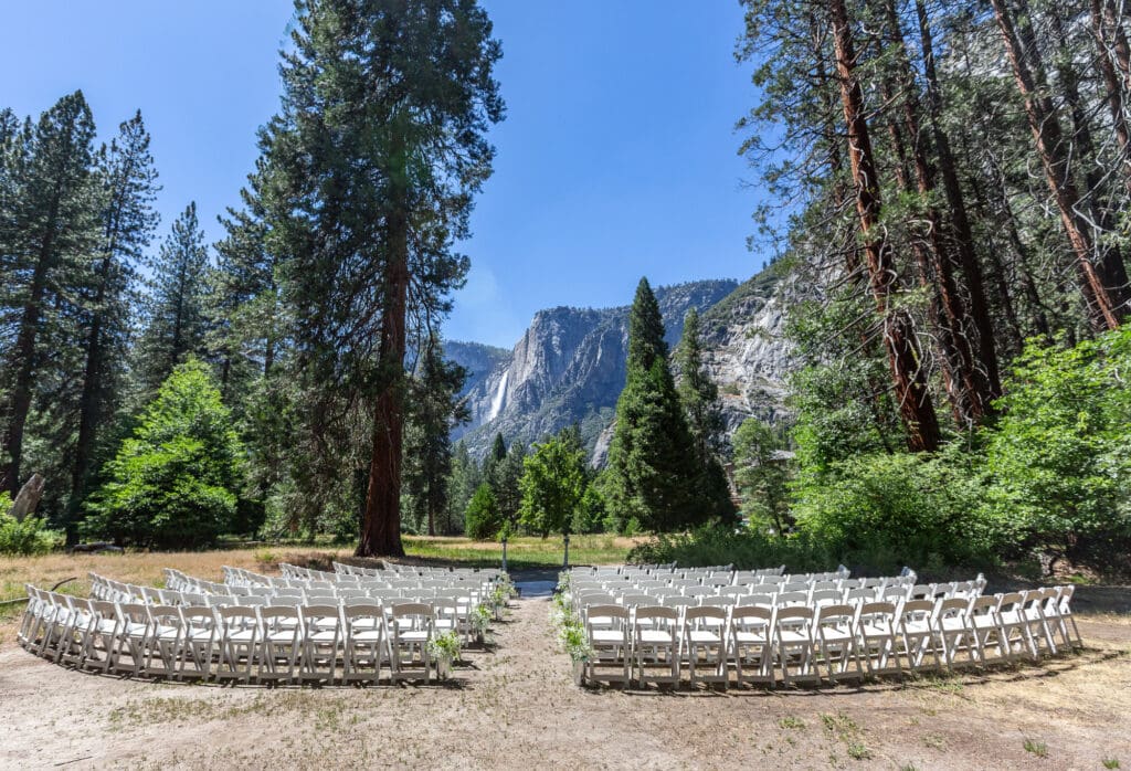 View of Yosemite Falls from the ceremony location on the Ahwahnee Lawn.