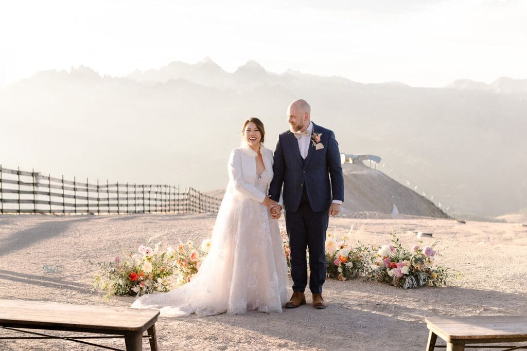 A bride and groom moments after being married at the Mammoth Mountain Summit.
