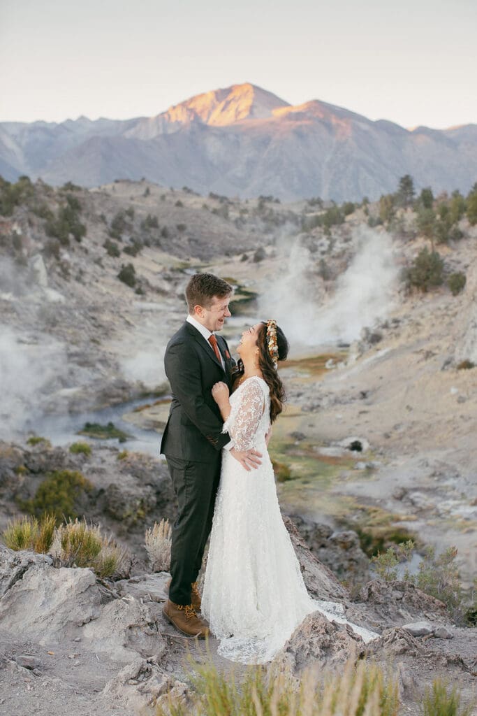 A bride and groom see each other for the first time on their wedding day in Mammoth Lakes.