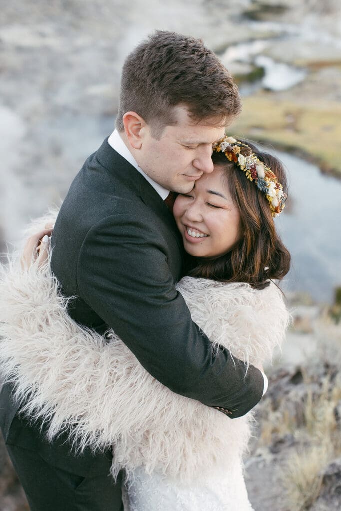 A bride and groom see each other for the first time on their wedding day in Mammoth Lakes.