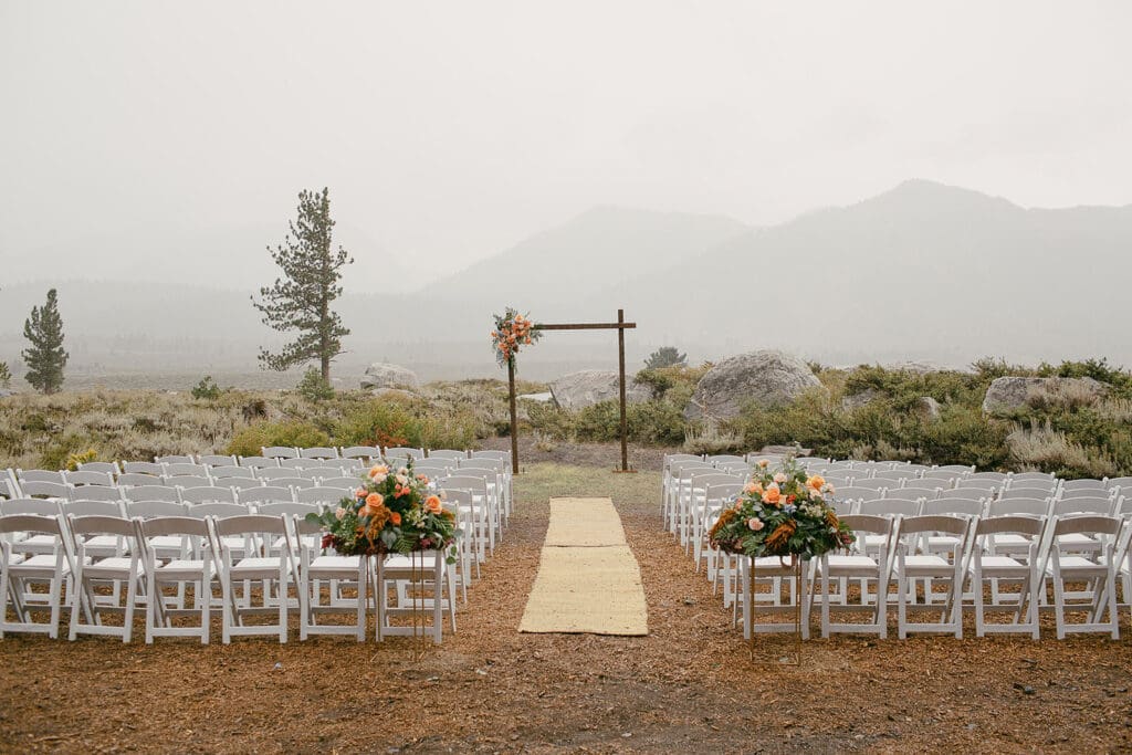 A rainy day ceremony set up at Hayden Cabin in Mammoth Lakes.