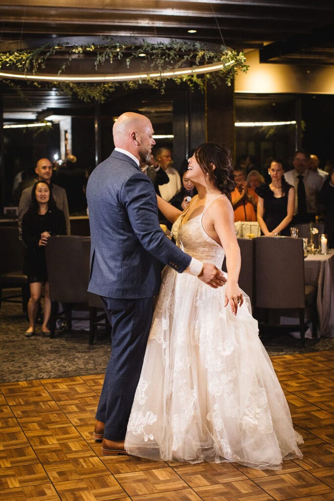 A bride and groom during their first dance at Parallax on Mammoth Mountin.