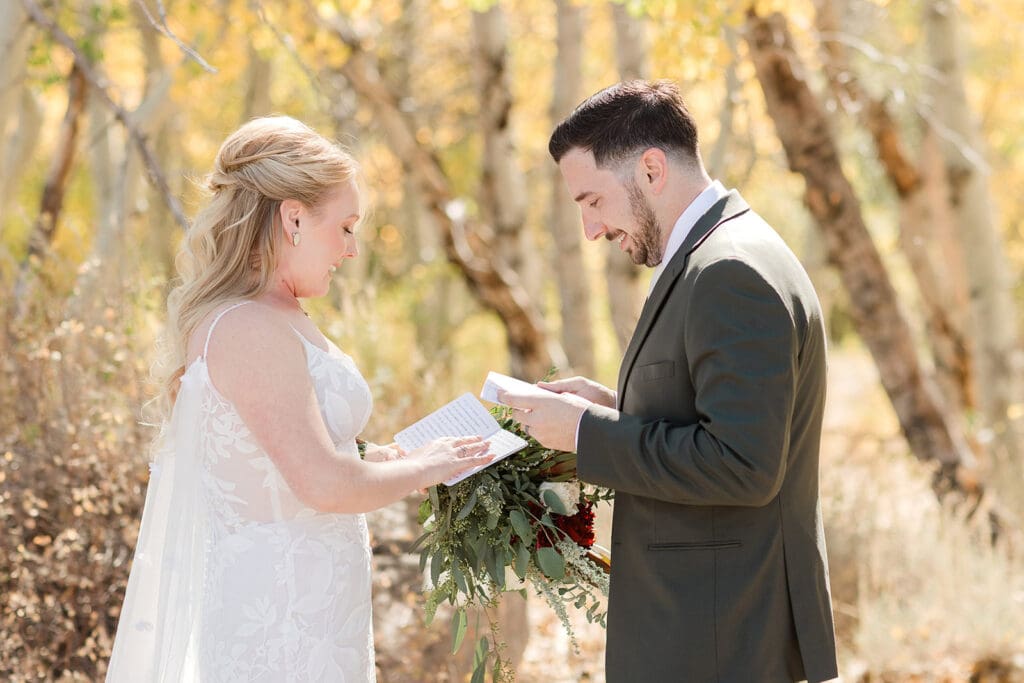 A bride and groom read letters to each other on their Mammoth Lakes Wedding day.