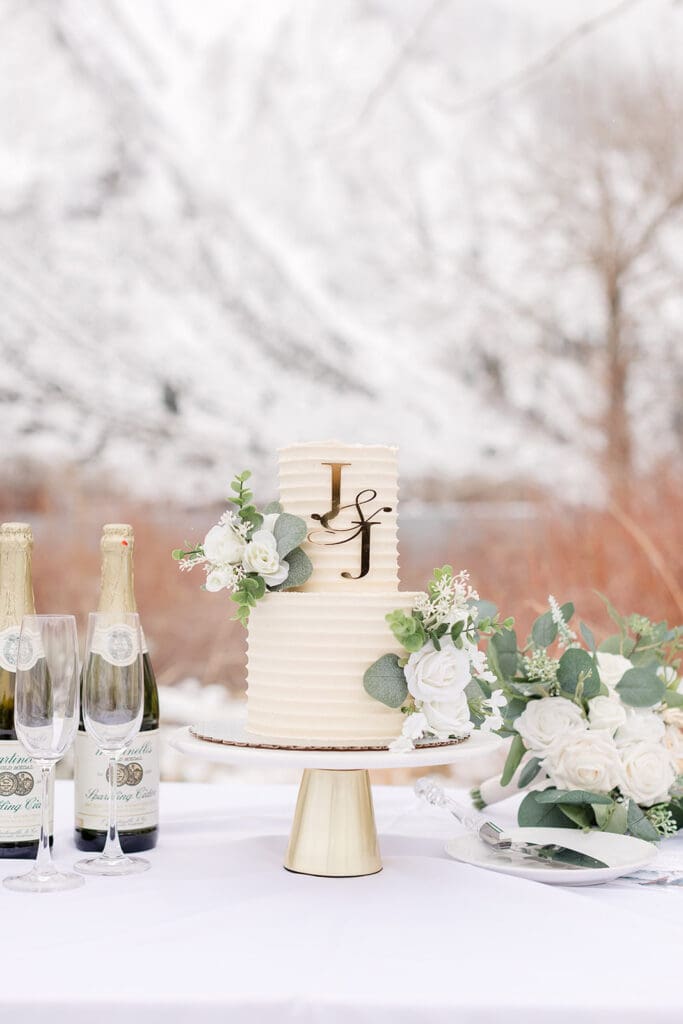 A wedding cake set up at convict lake