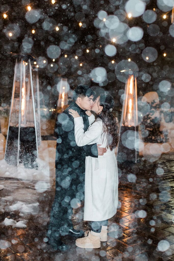 An eloping couple share their winter first dance at Vulcania in Mammoth Lakes.