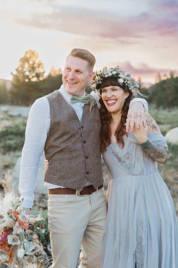 A bride and groom enjoy the sunset on their wedding day in Mammoth Lakes.