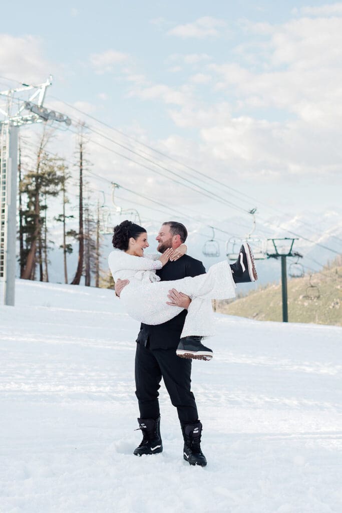 A bride and groom at ski resort in mammoth lakes.