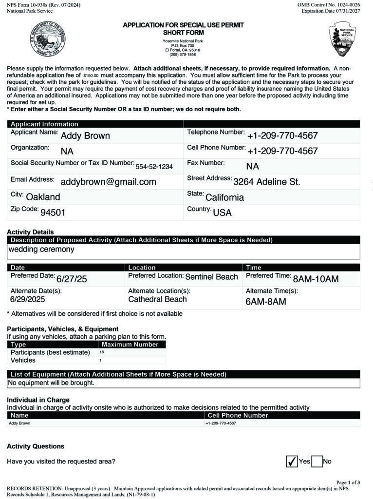 Yosemite Wedding Permit